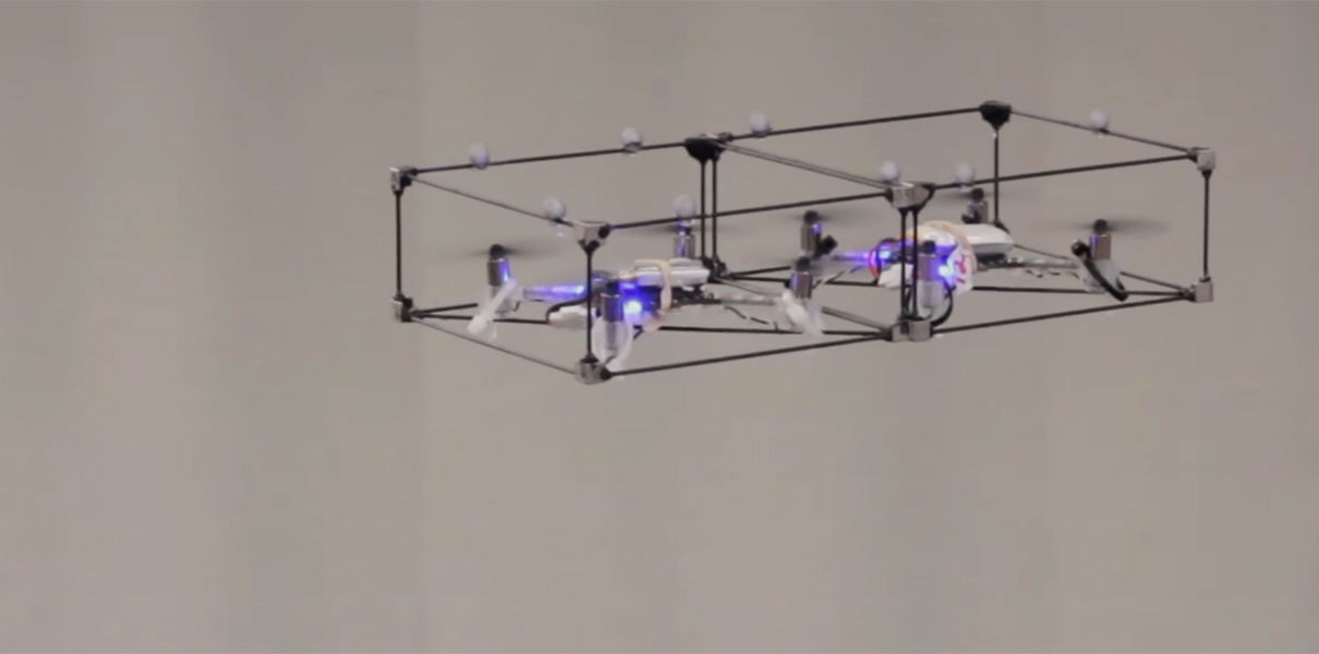 A swarm of little drones in flight going into one big