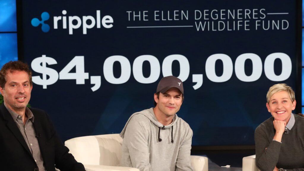 Ashton Kutcher bağışlanan 4 milyon dolar Ripple благотворительному fonu Ellen Degeneres